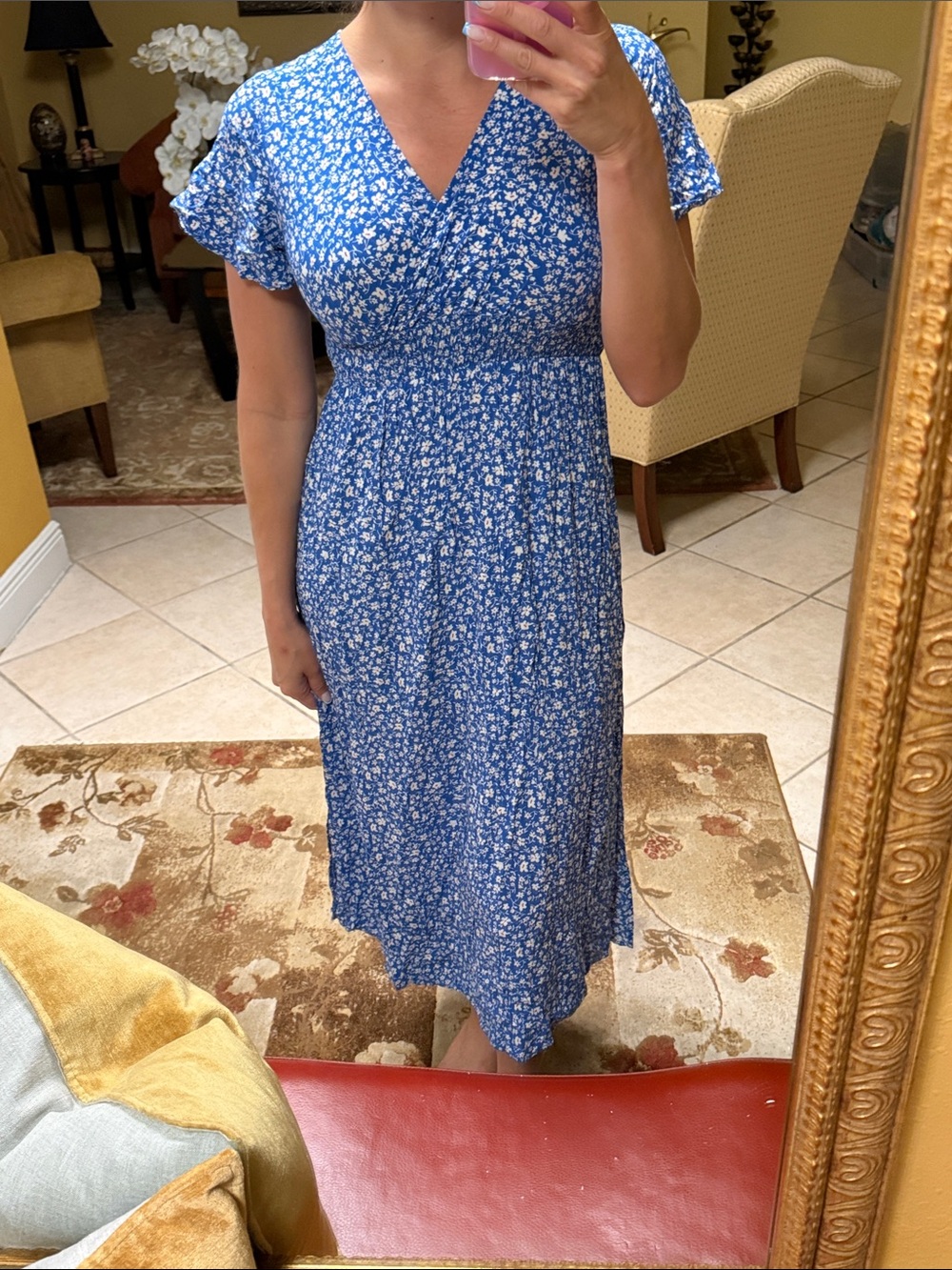 SHEIN Blue Floral V-Neck Flutter Sleeve Midi Dress